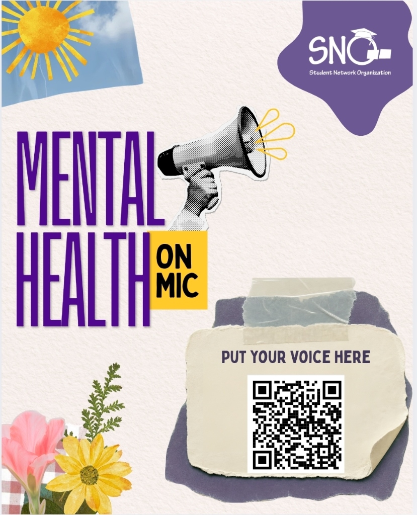 Mental Health on Mic official campaign artwork with megaphone, flowers, sun and scannable QR code